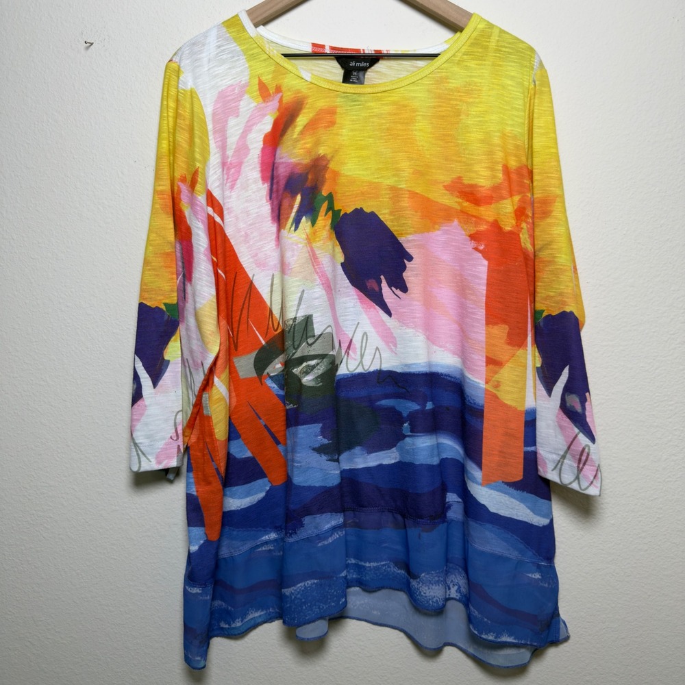 Ali Miles Womens Top 2X Multicolor Abstract Art to Wear 3/4 Sleeve Chiffon Hem